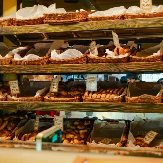 Yaroslava pastry in Kyiv - shelves with freshly baked pies and pastries inside the bakery