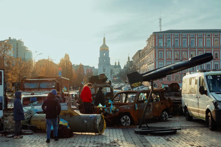 Destroyed russian military vehicles displayed at Mykhailivska Square in Kyiv