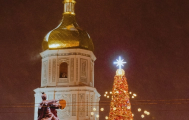 Monument to Bogdan Khmelnytsky in Kyiv - festive night view with the Bogdan Khmelnytsky monument, Christmas tree, and Saint Sophia Bell Tower