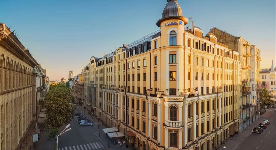 Facade of the Radisson Blu hotel in the center of Kyiv