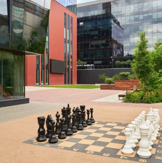 A large chessboard on the street in the UNIT.City innovation park in Kyiv