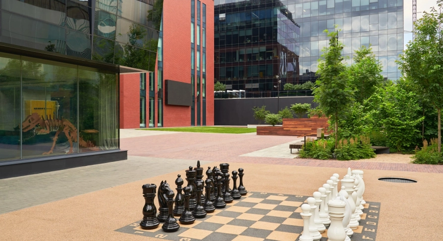 A large chessboard on the street in the UNIT.City innovation park in Kyiv
