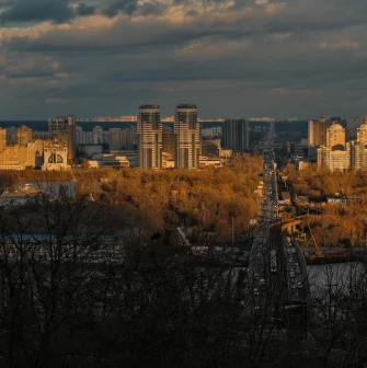 Park of Eternal Glory in Kyiv - high-angle view of the Metro bridge and Left bank districts