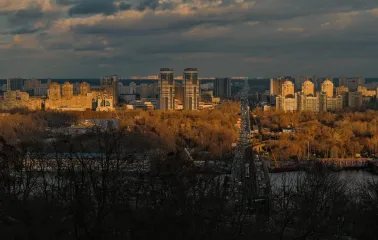 Park of Eternal Glory in Kyiv - high-angle view of the Metro bridge and Left bank districts