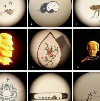 Mykola Syadristy Microminiatures Museum in Kyiv - collage of nine microscopic masterpieces including a caravan of camels in a needle's eye and portraits on poppy seeds viewed through circular lenses