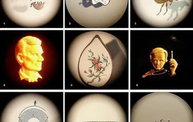 Mykola Syadristy Microminiatures Museum in Kyiv - collage of nine microscopic masterpieces including a caravan of camels in a needle's eye and portraits on poppy seeds viewed through circular lenses