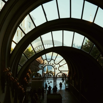 Kyiv Funicular - silhouette of the station archway with large glass windows