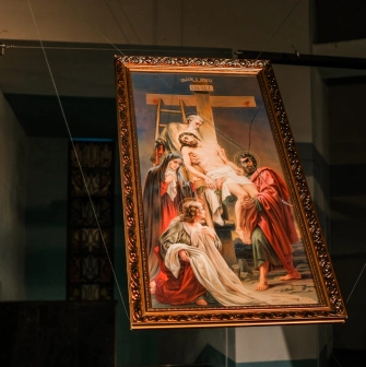 War Museum in Kyiv - damaged icon displayed as part of wartime memory exhibition