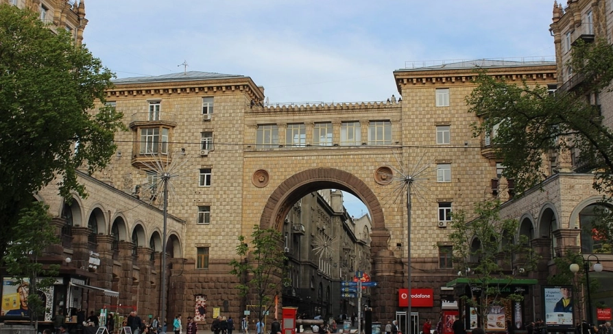 Pasazh in Kyiv - grand arched entrance to the historical passage with fountain