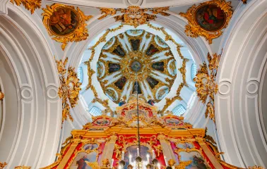 St. Andrew's Church in Kyiv - upward view of church dome and red iconostasis