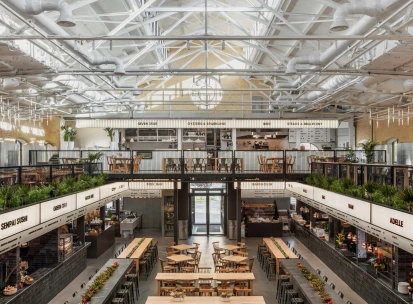 Kyiv Food Market main hall with wooden tables