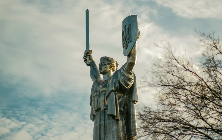 Kyiv Pechersk Lavra - Motherland Monument with raised sword and shield overlooking the monastery area in Kyiv