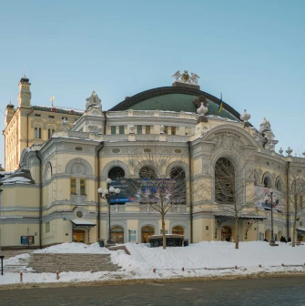 General view of National Opera of Ukraine facade in winter in Kyiv