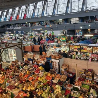 A general view of the Zhytniy Market trading floor with numerous stalls