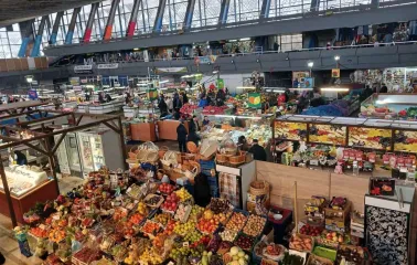 A general view of the Zhytniy Market trading floor with numerous stalls