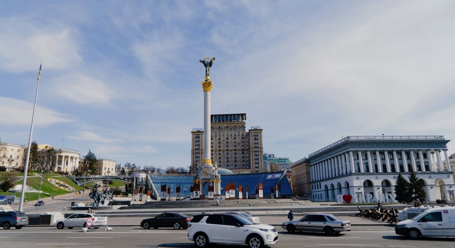 Independence Square in Kyiv - sunny view of the Independence Monument and city center