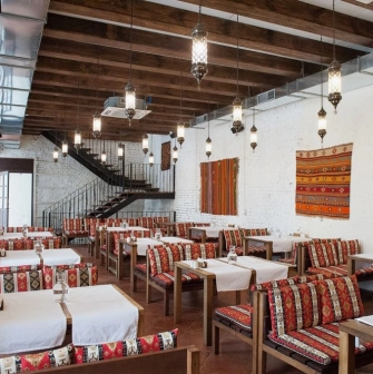 Traditional interior of Musafir restaurant in Kyiv