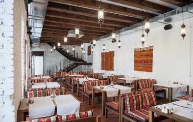 Traditional interior of Musafir restaurant in Kyiv