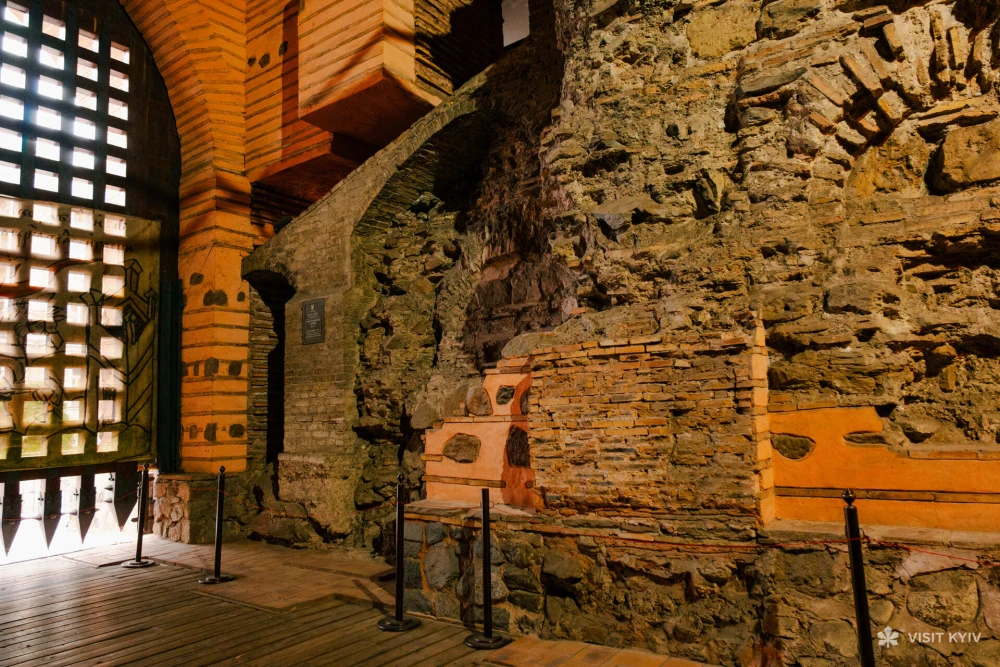 Golden Gate - ancient stone wall ruins and wooden gate in Kyiv