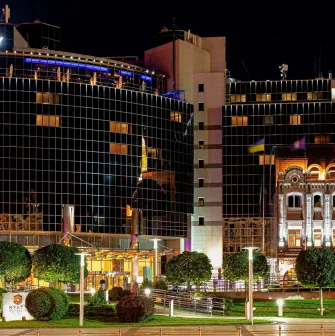 Facade of the Hyatt Regency Kyiv hotel with mirrored windows