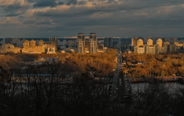 Park of Eternal Glory in Kyiv - high-angle view of the Metro bridge and Left bank districts