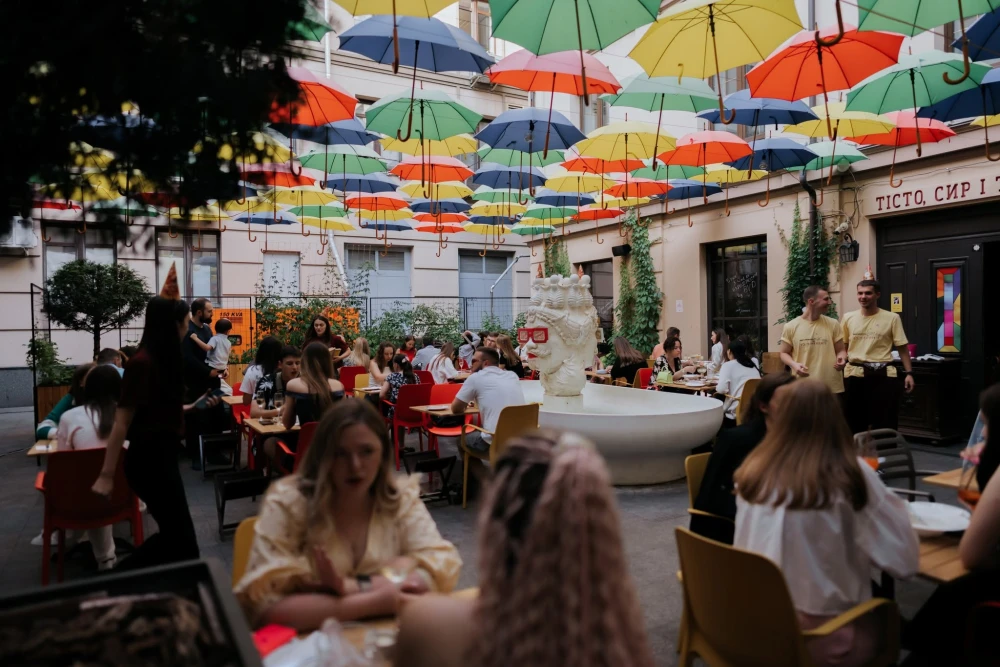 Summer terrace with colorful umbrellas at Tisto, Syr ta titka Bella