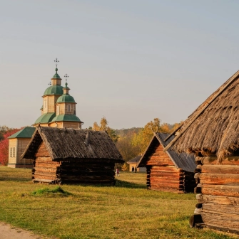 Pyrohiv Museum in Kyiv - wooden church and farm buildings in open-air village