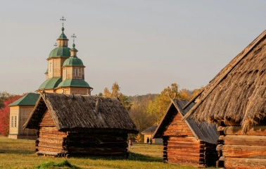 Pyrohiv Museum in Kyiv - wooden church and farm buildings in open-air village