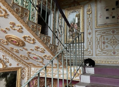 The “Versailles” Stairwell - staircase with gold stucco, paintings and a cat