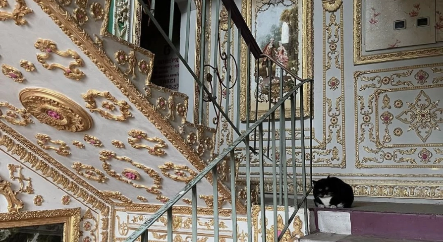 The “Versailles” Stairwell - staircase with gold stucco, paintings and a cat