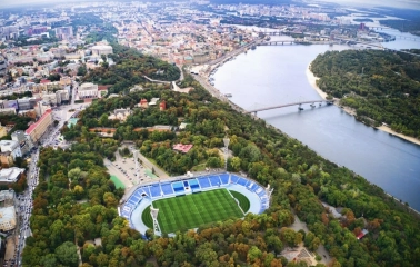 Dynamo Stadium in Kyiv - panoramic view of Kyiv featuring the football stadium and the winding Dnipro river