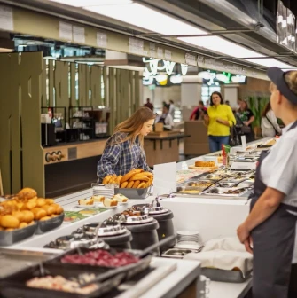 Restaurant Puzata Hata - customer selecting food from the long buffet line
