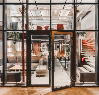 Facade of Fatum bar in Kyiv with a glass entrance and modern design