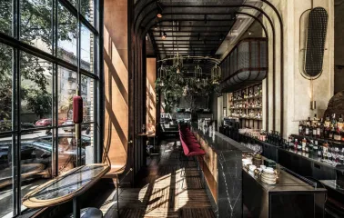 NAM - minimalist, dark bar counter with a focus on organized bottle display