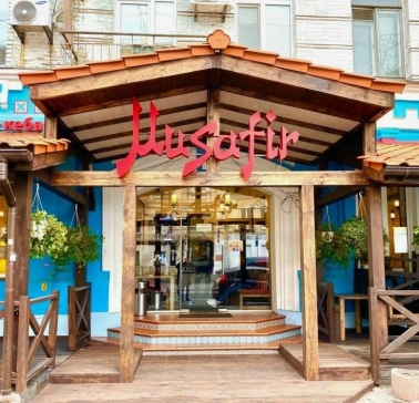 The entrance to the Musafir restaurant in Kyiv with traditional Crimean Tatar decor