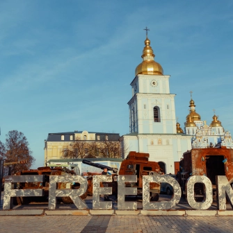 Mykhailivska Square in Kyiv - ''FREEDOM'' installation with destroyed vehicles