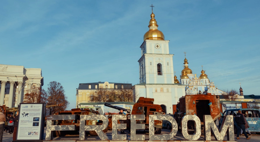 Mykhailivska Square in Kyiv - ''FREEDOM'' installation with destroyed vehicles