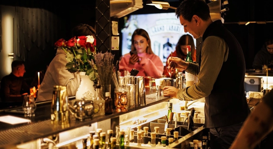 Hendricks Bar - dark interior, bar counter