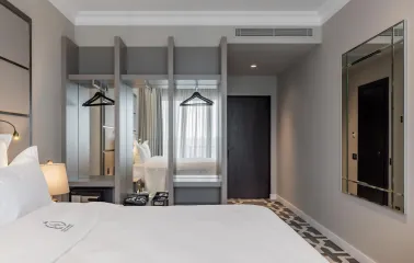 Modern wardrobe area in a room at the premium Edem hotel in Kyiv