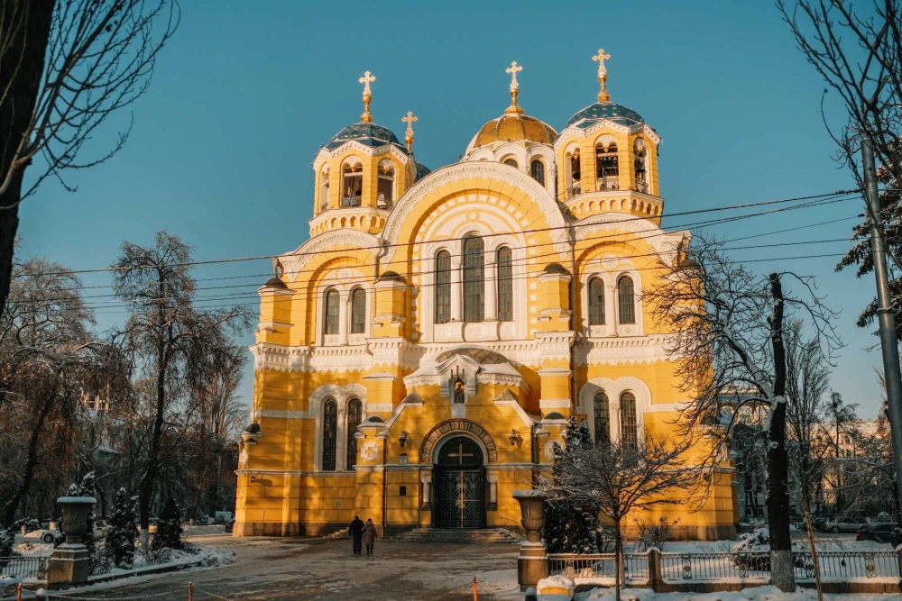 Yellow facade of St. Volodymyr's Cathedral in Kyiv