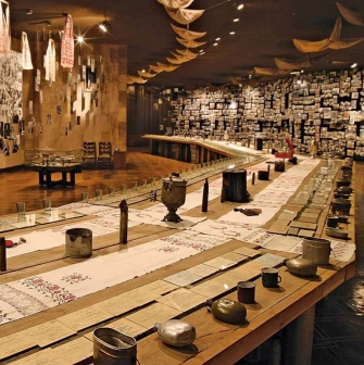 Museum exposition with military artifacts