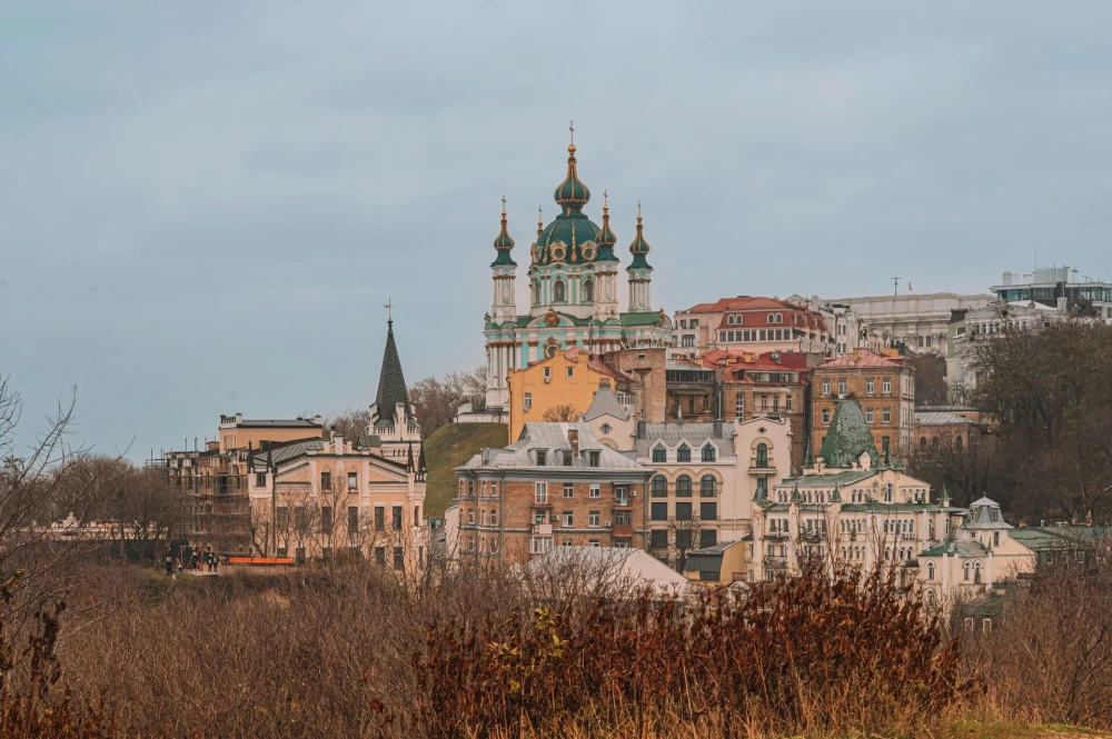 View of St. Andrew's Church from Zamkova Hill in Kyiv