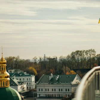 Kyiv Pechersk Lavra - view toward the Motherland Monument and Ukrainian flag