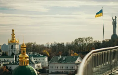 Kyiv Pechersk Lavra - view toward the Motherland Monument and Ukrainian flag
