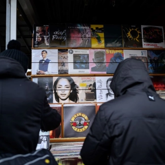 A collection of vinyl records at a flea market near Pochaina in Kyiv