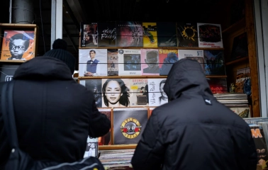 A collection of vinyl records at a flea market near Pochaina in Kyiv