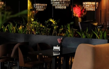 By Italy - dark interior, soft chairs and lots of greenery