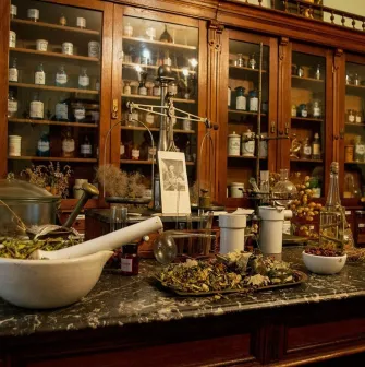 harmacy Museum in Kyiv - vintage pharmaceutical still life featuring dried herbs in a mortar, scales, and rows of glass medicine jars in an old wooden cabinet