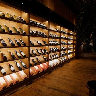 Mayak - organized display of wine bottles in the restaurant's wine cellar