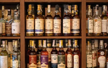 An extensive collection of elite whisky on the shelves at the "Whisky Corner" bar in Kyiv